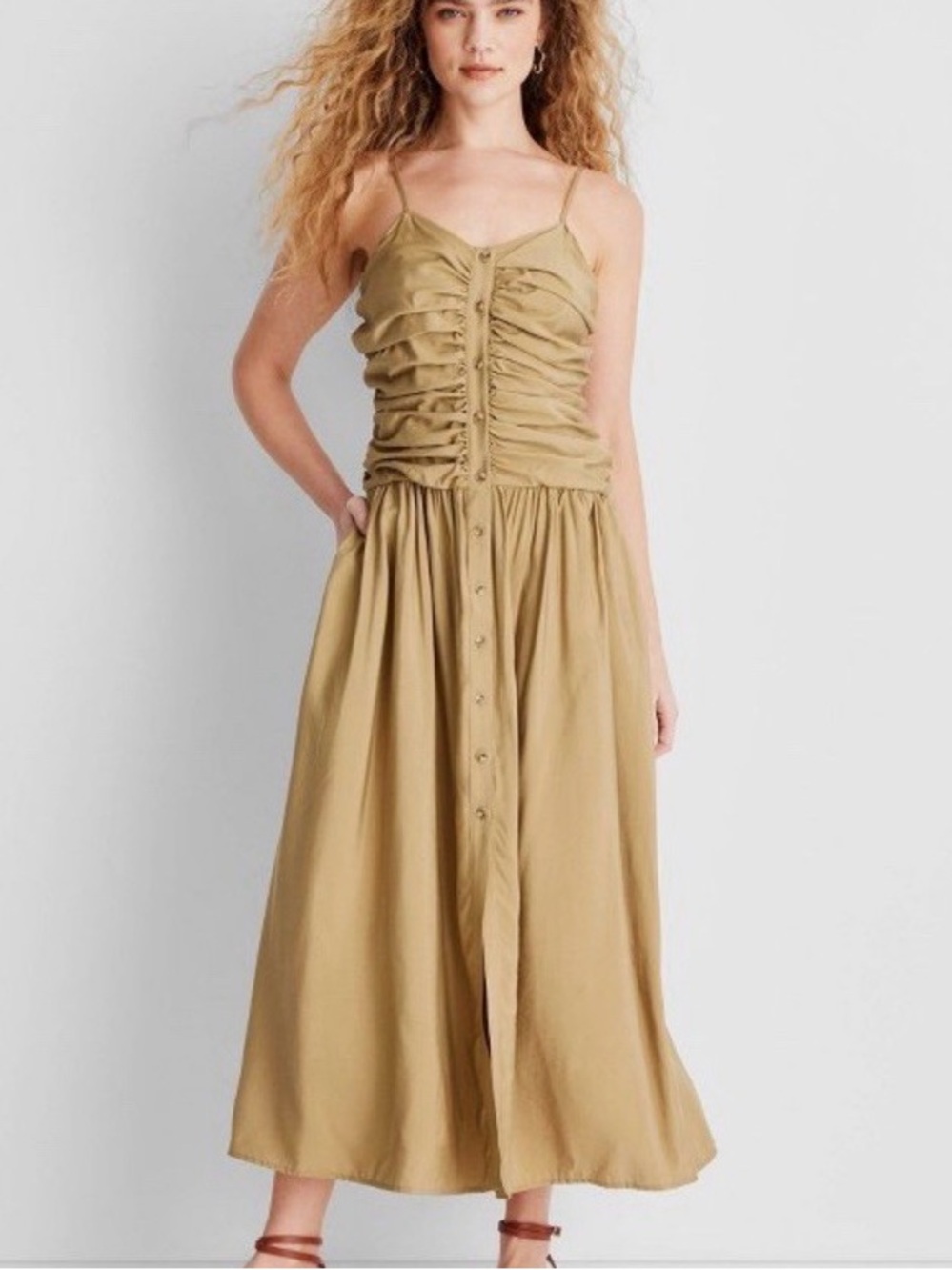 NWT Future Collective Ruched Front Button-Down Midi Dress in Olive-Tan